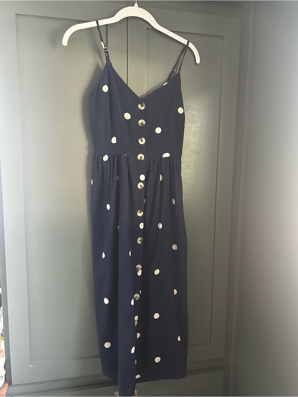 Cotton Linen blend Navy Polka Dot Button-Front Midi Dress - Picture 1 of 3